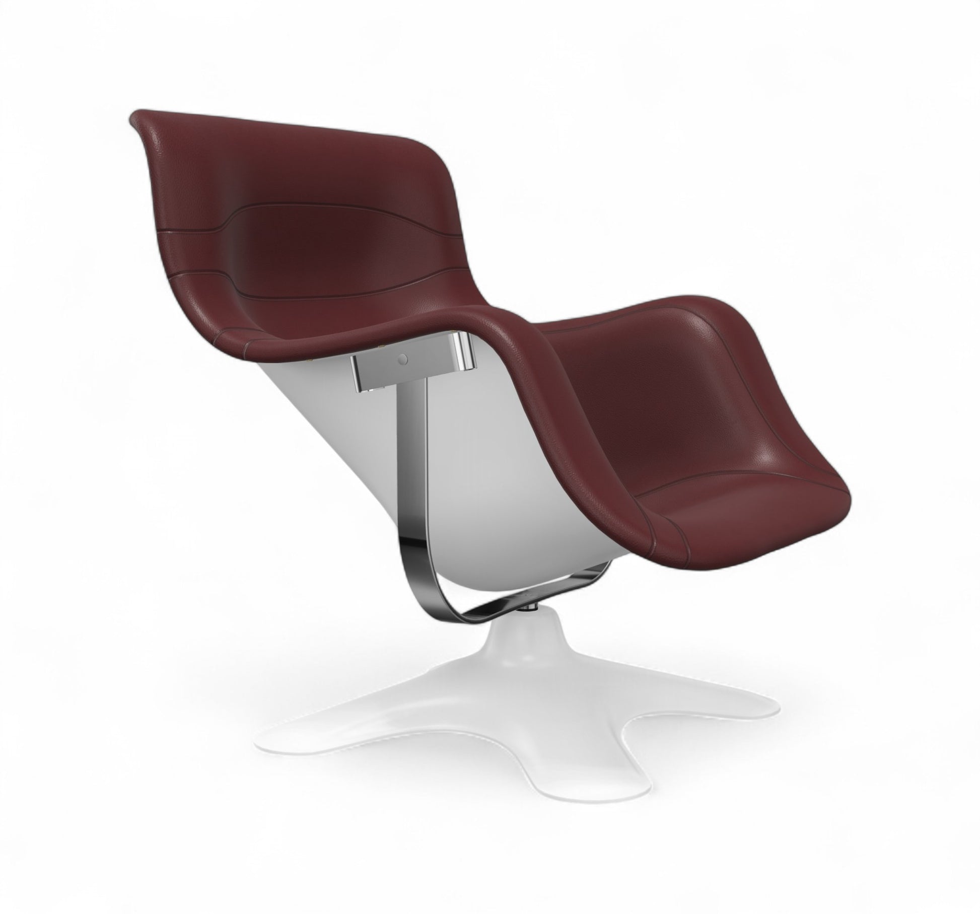 Modern burgundy lounge chair with curved seat, chrome support, and white star-shaped base.